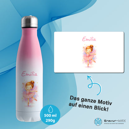 Thermoflasche 500ml in Weiß/Pink bedruckt mit tollen Motiven für Kinder "Ballerina" personalisierbar mit Wunschname
