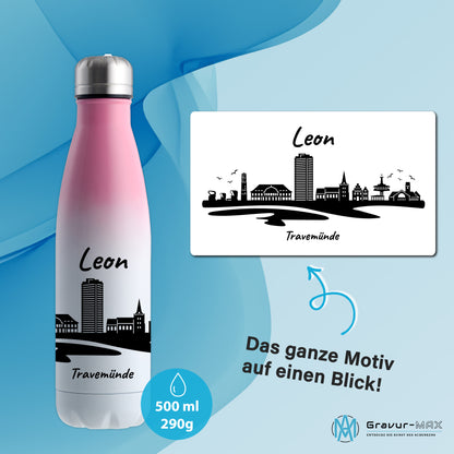 Trinkflasche in Weiß/Pink 500ml aus Edelstahl bedruckt mit der Skyline von Travemünde personalisierbar mit Wunschname