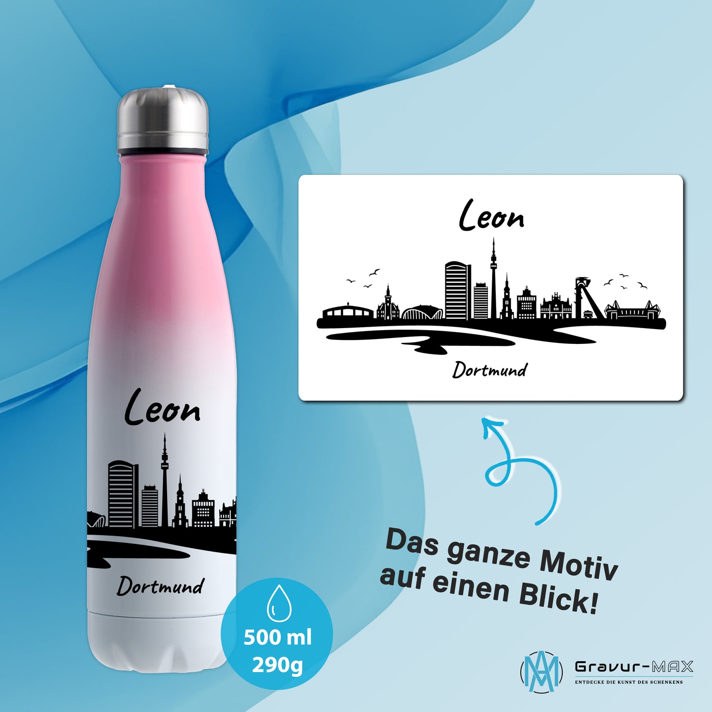 Trinkflasche in Weiß/Pink 500ml aus Edelstahl bedruckt mit der Skyline von Dortmund personalisierbar mit Wunschname