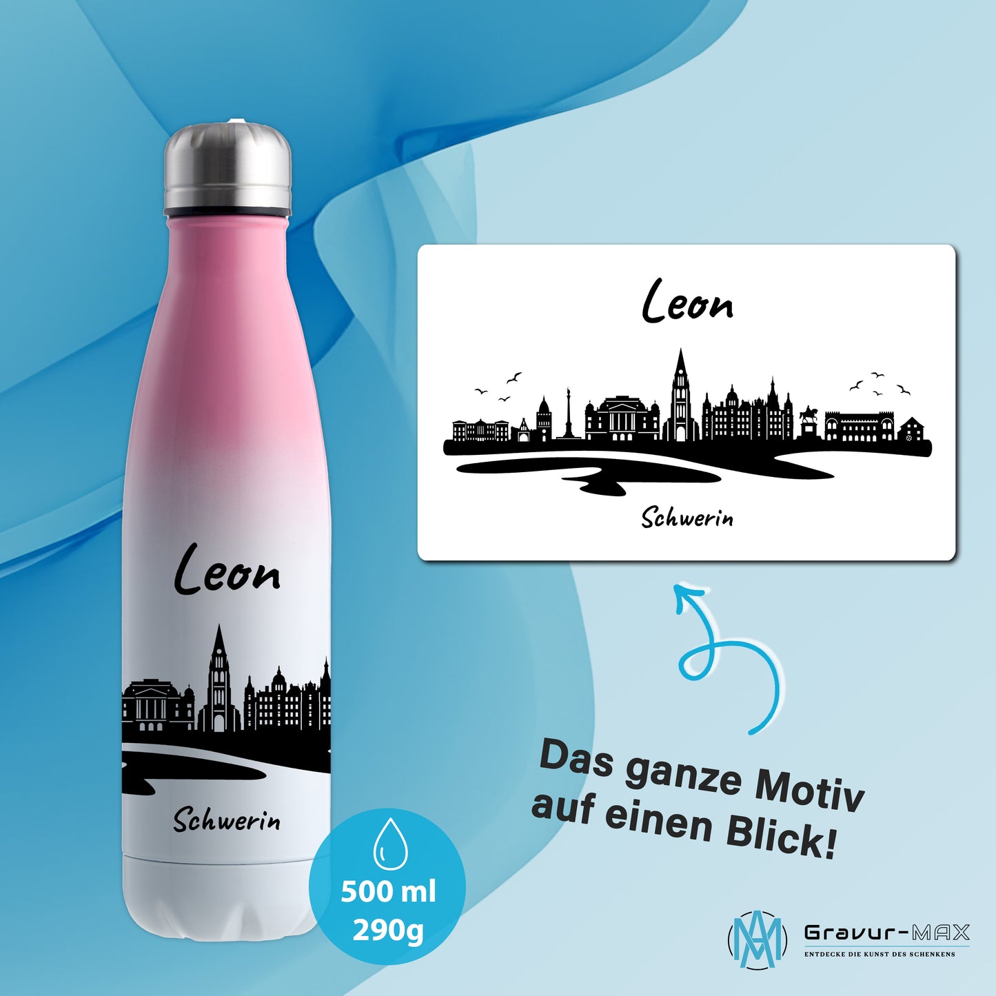 Trinkflasche in Weiß/Pink 500ml aus Edelstahl bedruckt mit der Skyline von Schwerin personalisierbar mit Wunschname