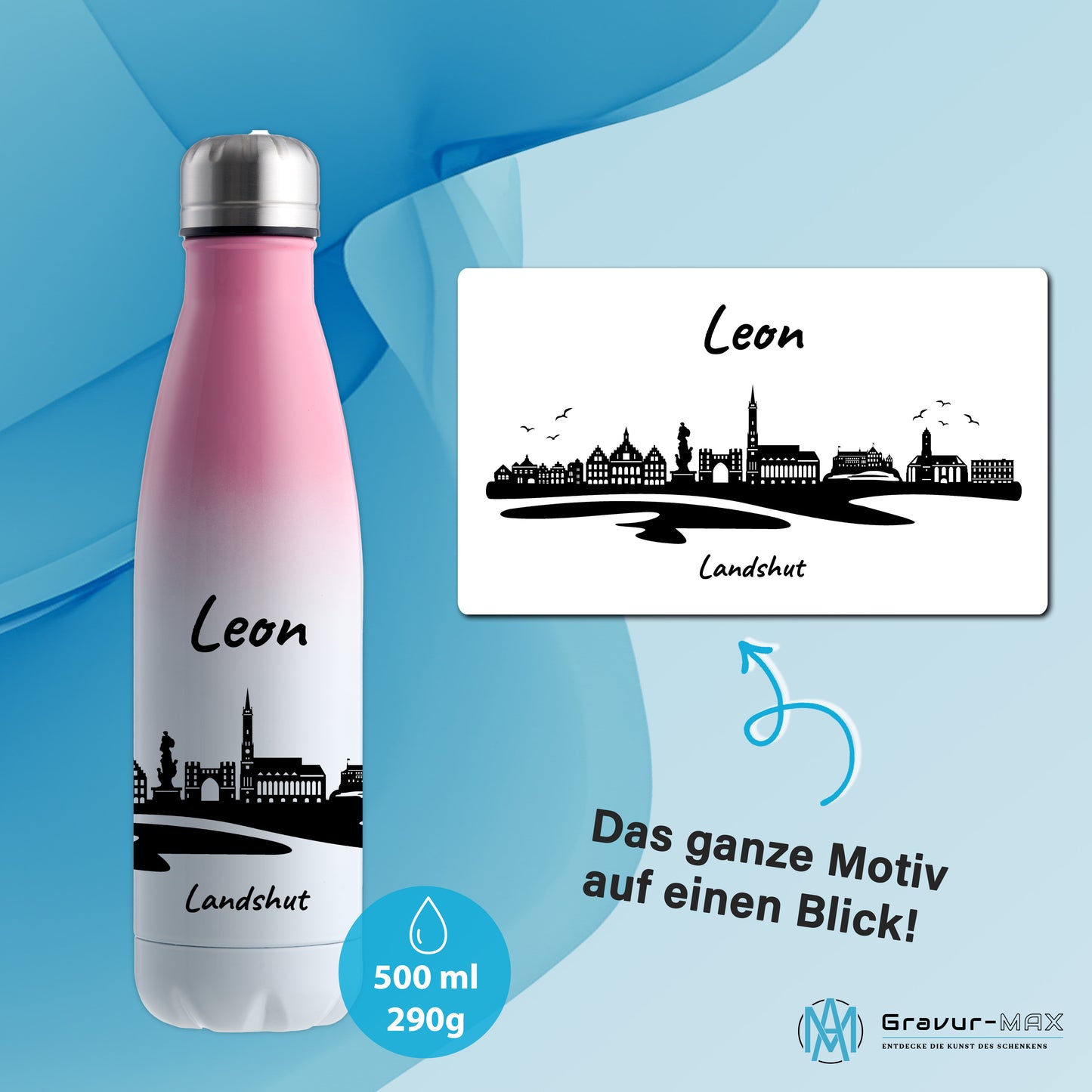 Trinkflasche in Weiß/Pink 500ml aus Edelstahl bedruckt mit der Skyline von Landshut personalisierbar mit Wunschname