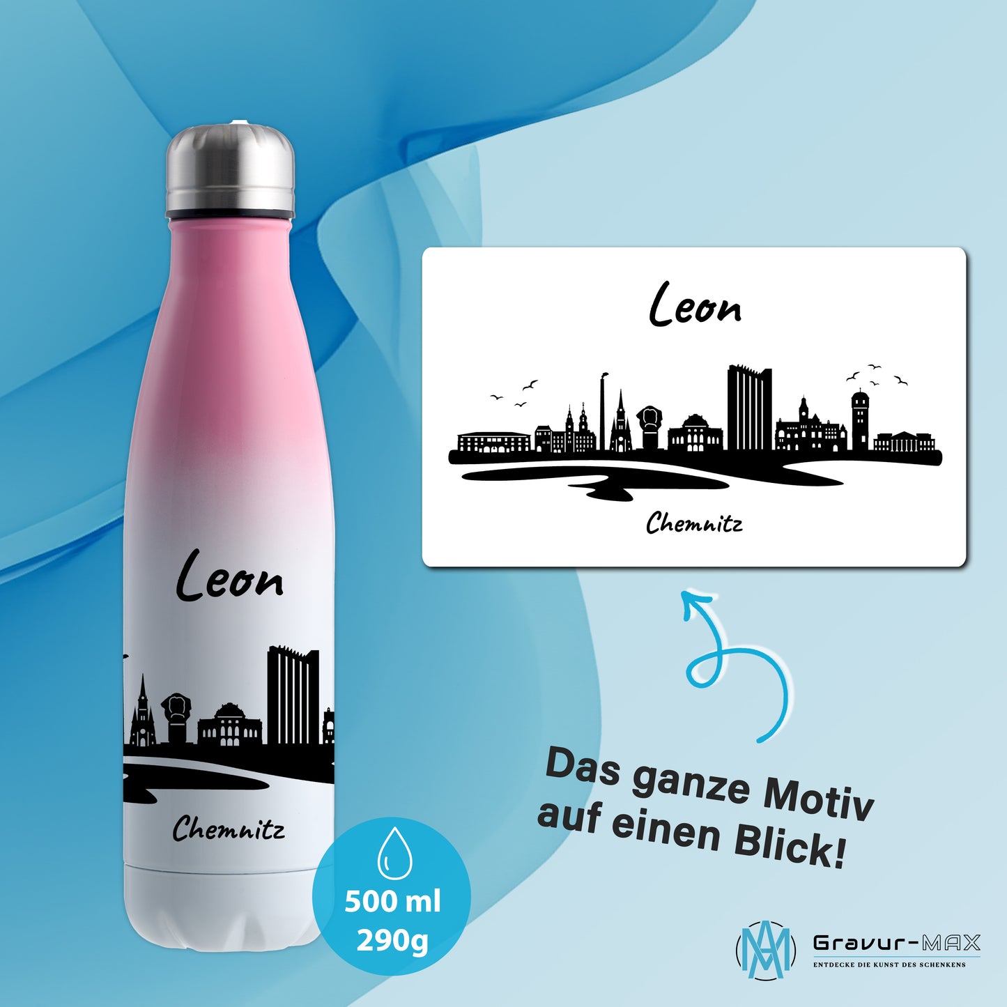 Trinkflasche in Weiß/Pink 500ml aus Edelstahl bedruckt mit der Skyline von Chemnitz personalisierbar mit Wunschname