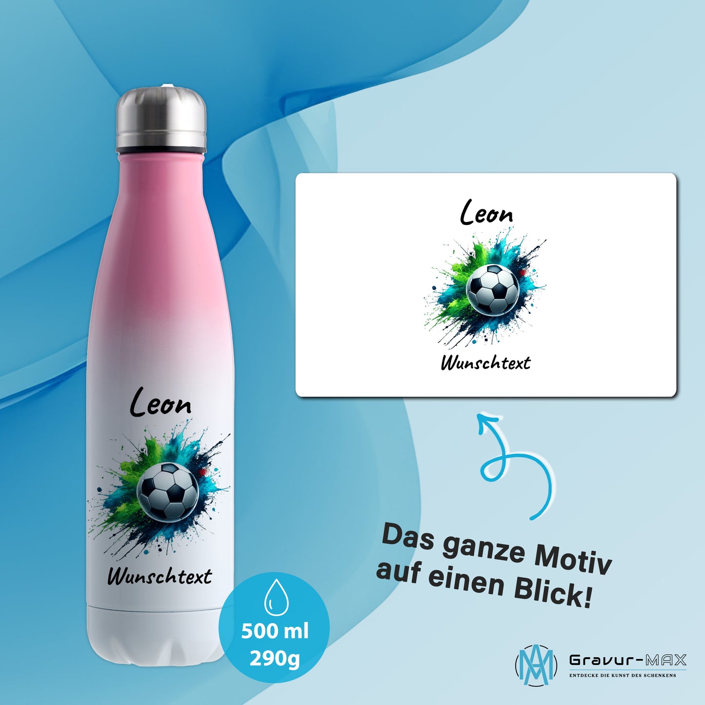 Thermoflasche 500ml in Weiß/Pink aus Edelstahl bedruckt "Fußball" Motiv8 personalisierbar mit Wunschname & Text