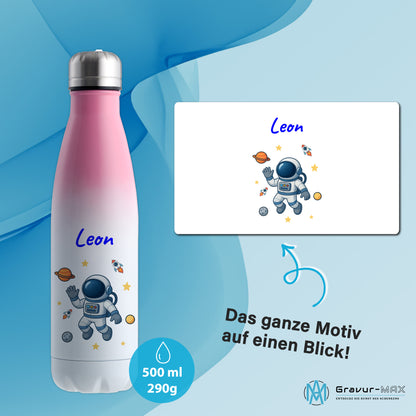 Thermoflasche 500ml in Weiß/Pink bedruckt mit tollen Motiven für Kinder "Astronaut" personalisierbar mit Wunschname