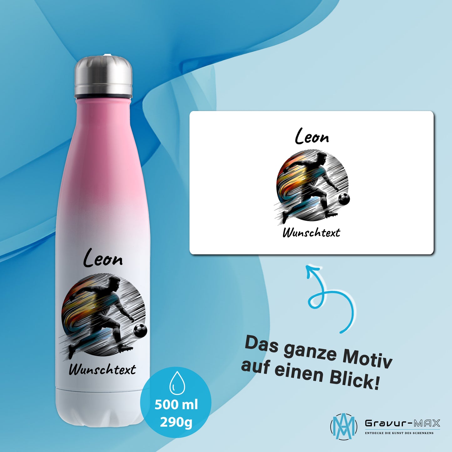 Thermoflasche 500ml in Weiß/Pink aus Edelstahl bedruckt "Fußball" Motiv2 personalisierbar mit Wunschname & Text