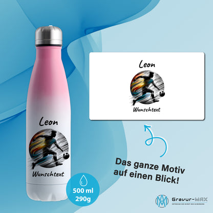 Thermoflasche 500ml in Weiß/Pink aus Edelstahl bedruckt "Fußball" Motiv2 personalisierbar mit Wunschname & Text