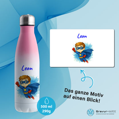 Thermoflasche 500ml in Weiß/Pink bedruckt mit tollen Motiven für Kinder "Superheld" personalisierbar mit Wunschname