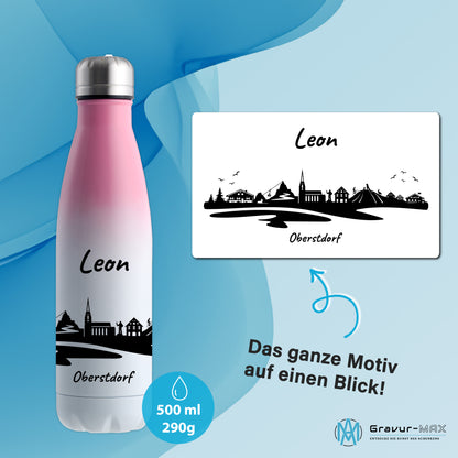 Trinkflasche in Weiß/Pink 500ml aus Edelstahl bedruckt mit der Skyline von Oberstdorf personalisierbar mit Wunschname