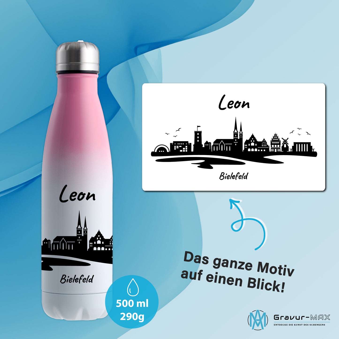 Trinkflasche in Weiß/Pink 500ml aus Edelstahl bedruckt mit der Skyline von Bielefeld personalisierbar mit Wunschname