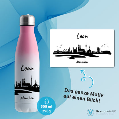 Trinkflasche in Weiß/Pink 500ml aus Edelstahl bedruckt mit der Skyline von München personalisierbar mit Wunschname