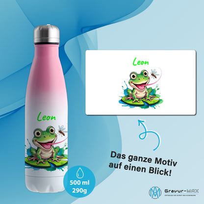Trinkflasche in Weiß/Pink 500ml aus Edelstahl bedruckt mit niedlichen Tieren "Frosch" personalisierbar für Kinder mit Wunschname