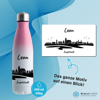 Trinkflasche in Weiß/Pink 500ml aus Edelstahl bedruckt mit der Skyline von Ingolstadt personalisierbar mit Wunschname
