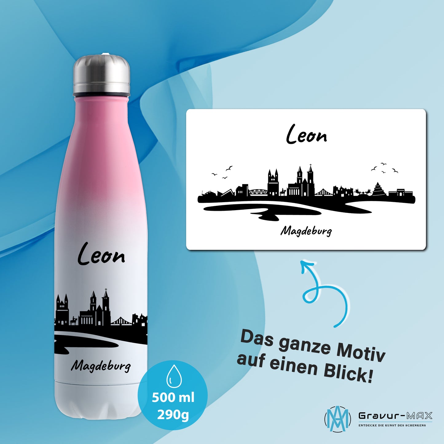 Trinkflasche in Weiß/Pink 500ml aus Edelstahl bedruckt mit der Skyline von Magdeburg personalisierbar mit Wunschname