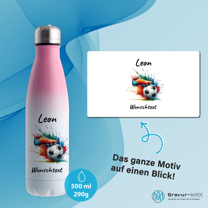 Thermoflasche 500ml in Weiß/Pink aus Edelstahl bedruckt "Fußball" Motiv6 personalisierbar mit Wunschname & Text