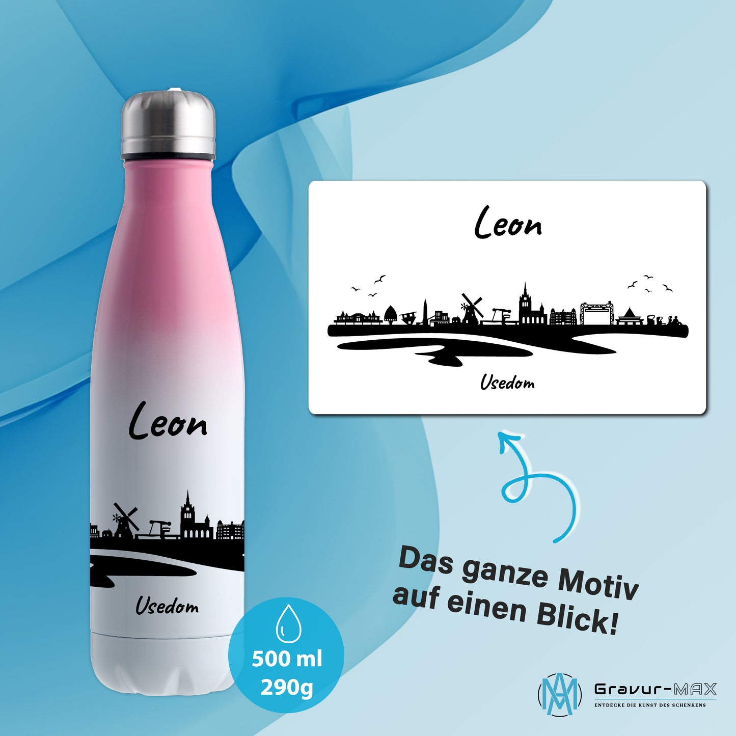 Trinkflasche in Weiß/Pink 500ml aus Edelstahl bedruckt mit der Skyline von Usedom personalisierbar mit Wunschname