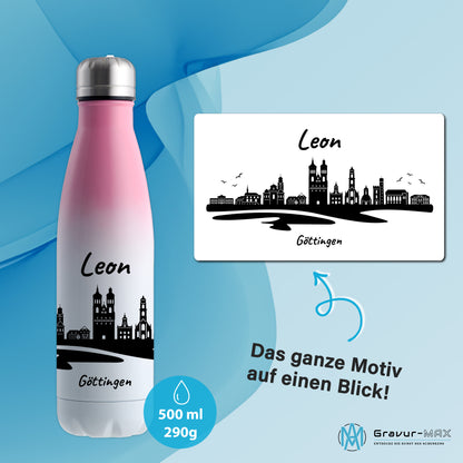 Trinkflasche in Weiß/Pink 500ml aus Edelstahl bedruckt mit der Skyline von Göttingen personalisierbar mit Wunschname