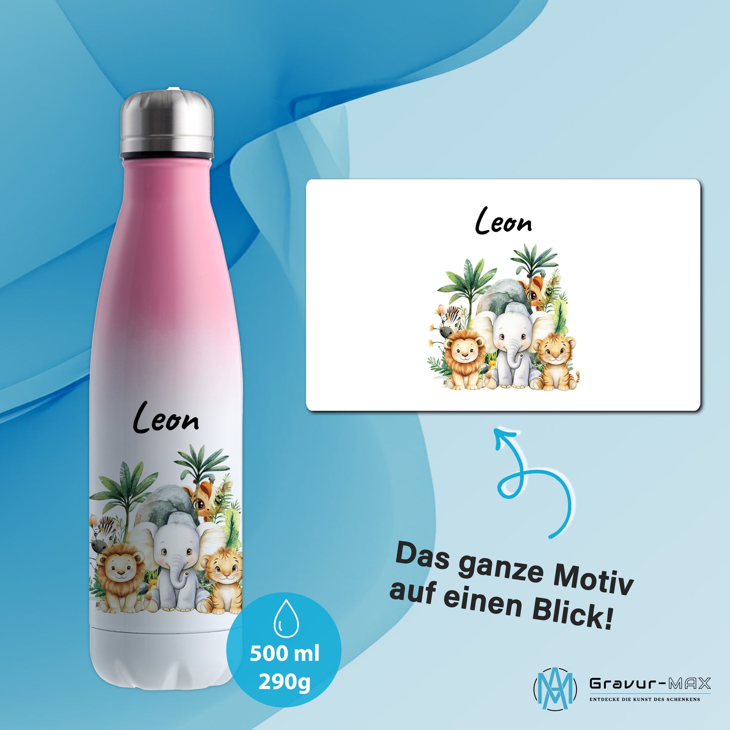Trinkflasche mit Farbverlauf in Weiß/Pink 500ml aus Edelstahl bedruckt mit Dschungel Tieren"Dschungel Tiere" personalisierbar für Kinder mit Wunschname