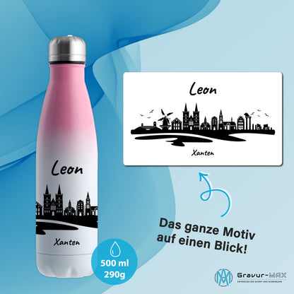 Trinkflasche in Weiß/Pink 500ml aus Edelstahl bedruckt mit der Skyline von Xanten personalisierbar mit Wunschname