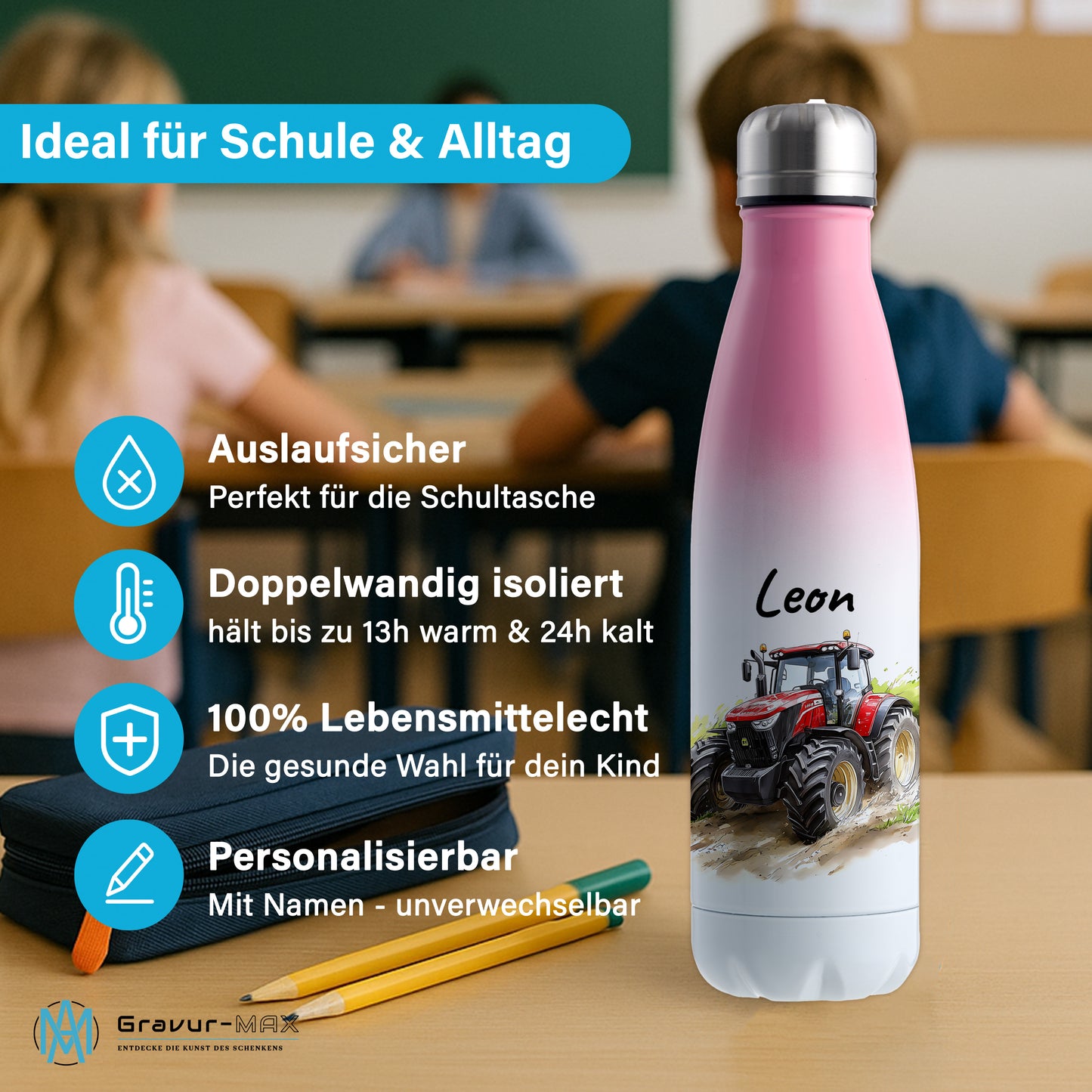 Thermoflasche 500ml in Weiß/Pink bedruckt mit tollen Motiven für Kinder "Traktor" personalisierbar mit Wunschname