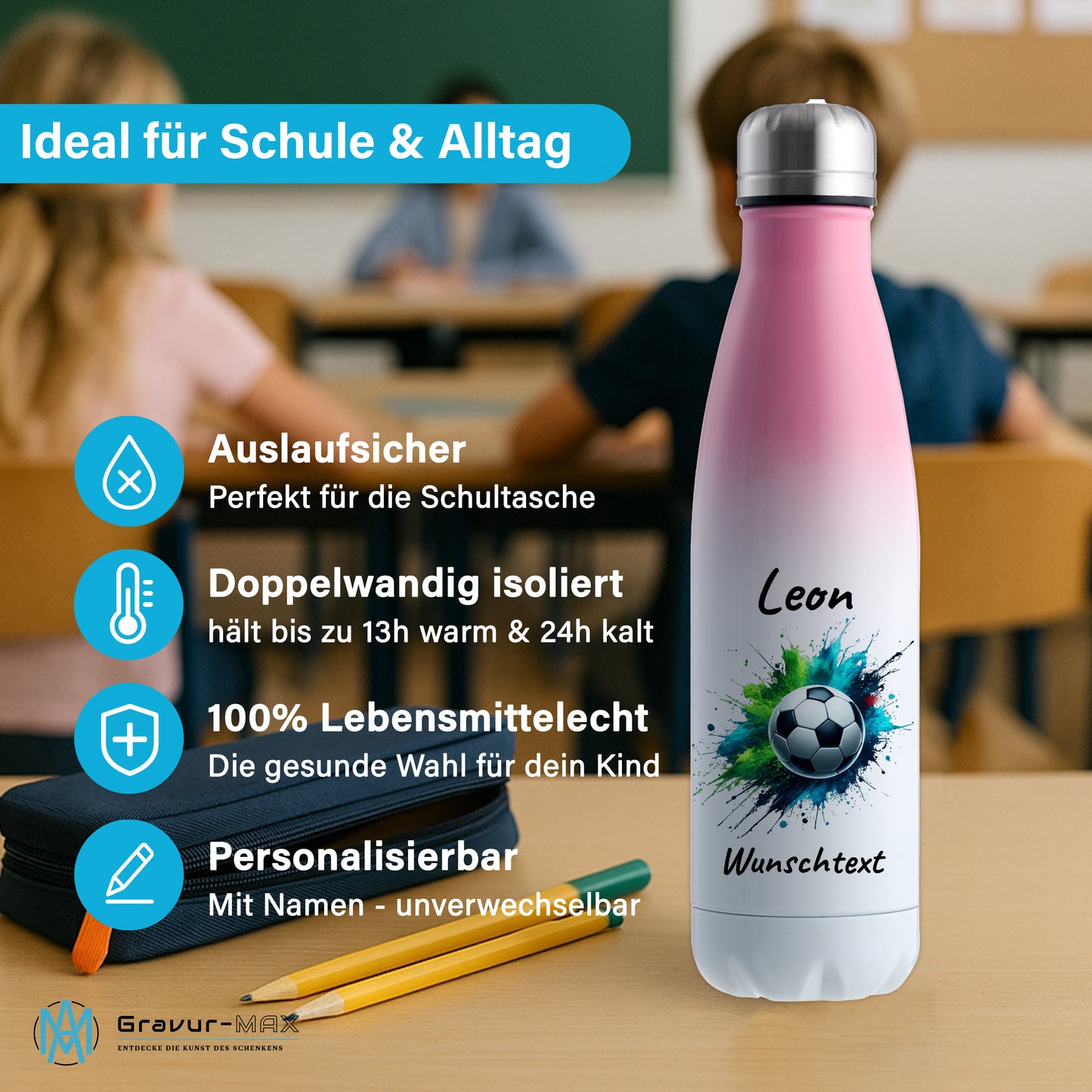Thermoflasche 500ml in Weiß/Pink aus Edelstahl bedruckt "Fußball" Motiv8 personalisierbar mit Wunschname & Text