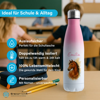 Thermoflasche 500ml in Weiß/Pink bedruckt mit tollen Motiven für Kinder "Pferd" personalisierbar mit Wunschname