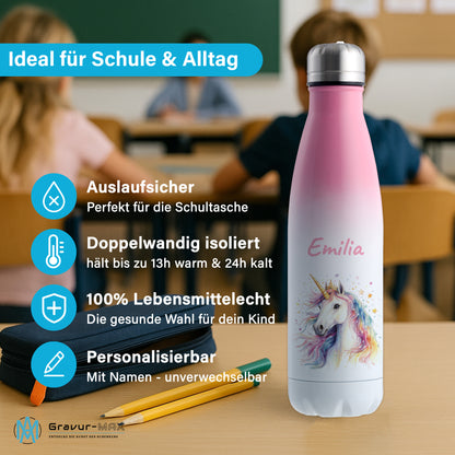 Thermoflasche 500ml in Weiß/Pink bedruckt mit tollen Motiven für Kinder "Einhorn" personalisierbar mit Wunschname