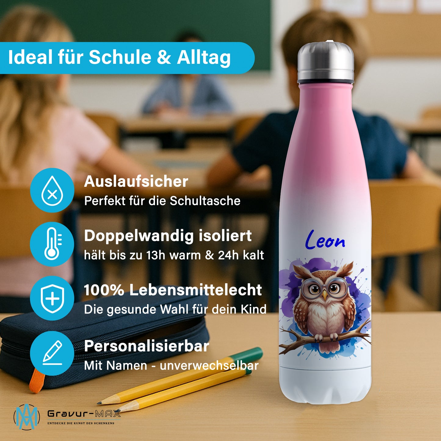 Trinkflasche in Weiß/Pink 500ml aus Edelstahl bedruckt mit niedlichen Tieren "Eule" personalisierbar für Kinder mit Wunschname