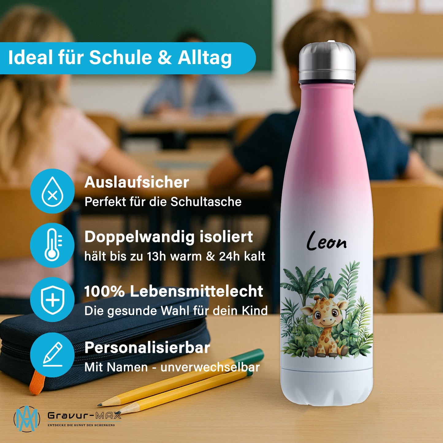 Trinkflasche mit Farbverlauf in Weiß/Pink 500ml aus Edelstahl bedruckt mit Dschungel Tieren"Giraffe" personalisierbar für Kinder mit Wunschname