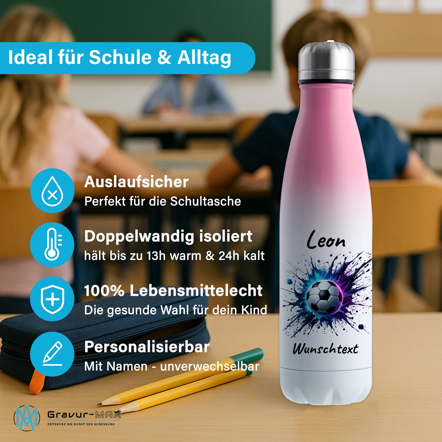 Thermoflasche 500ml in Weiß/Pink aus Edelstahl bedruckt "Fußball" Motiv10 personalisierbar mit Wunschname & Text