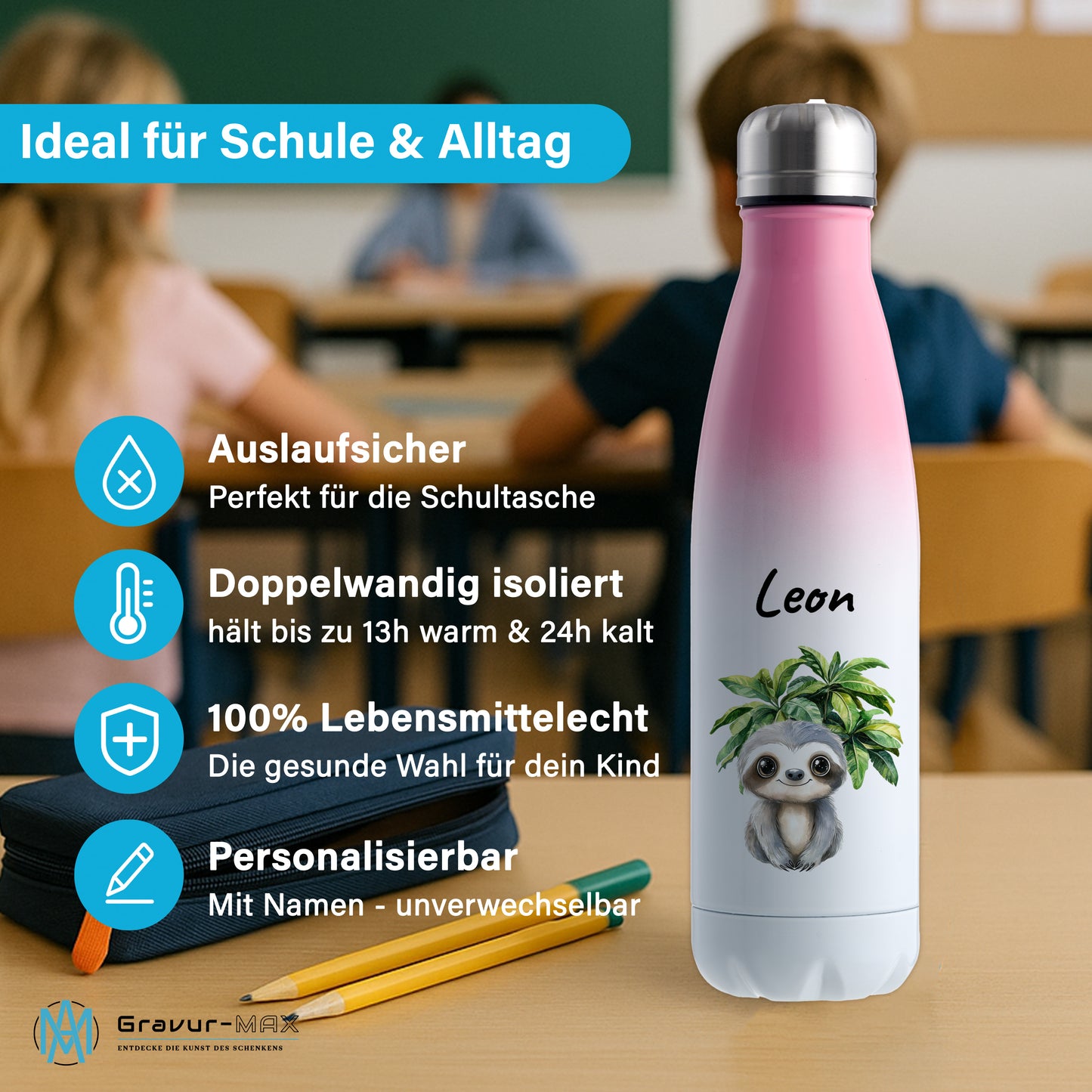 Trinkflasche mit Farbverlauf in Weiß/Pink 500ml aus Edelstahl bedruckt mit Dschungel Tieren"Faultier" personalisierbar für Kinder mit Wunschname