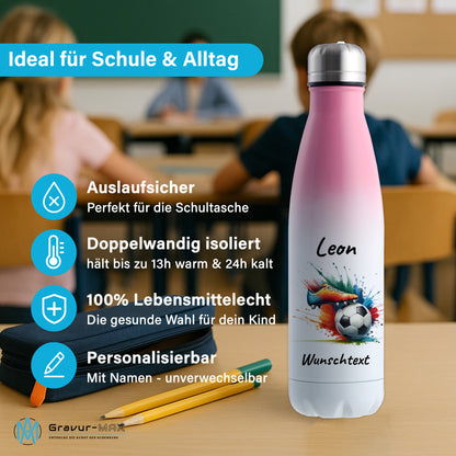 Thermoflasche 500ml in Weiß/Pink aus Edelstahl bedruckt "Fußball" Motiv6 personalisierbar mit Wunschname & Text