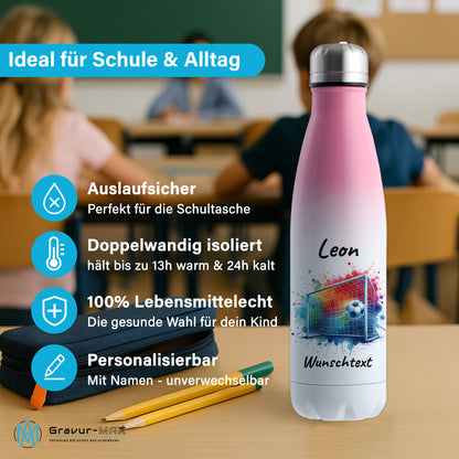 Thermoflasche 500ml in Weiß/Pink aus Edelstahl bedruckt "Fußball" Motiv5 personalisierbar mit Wunschname & Text