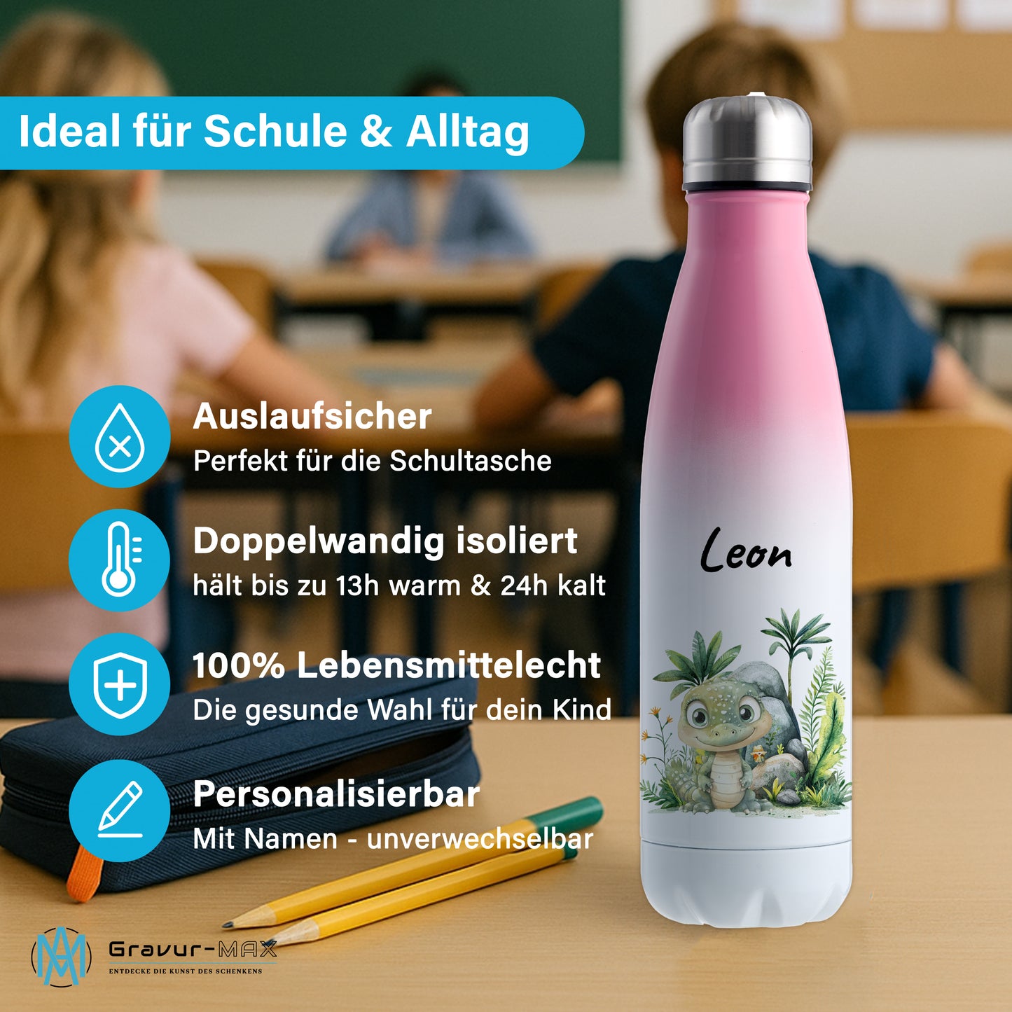 Trinkflasche mit Farbverlauf in Weiß/Pink 500ml aus Edelstahl bedruckt mit Dschungel Tieren"Krokodil" personalisierbar für Kinder mit Wunschname