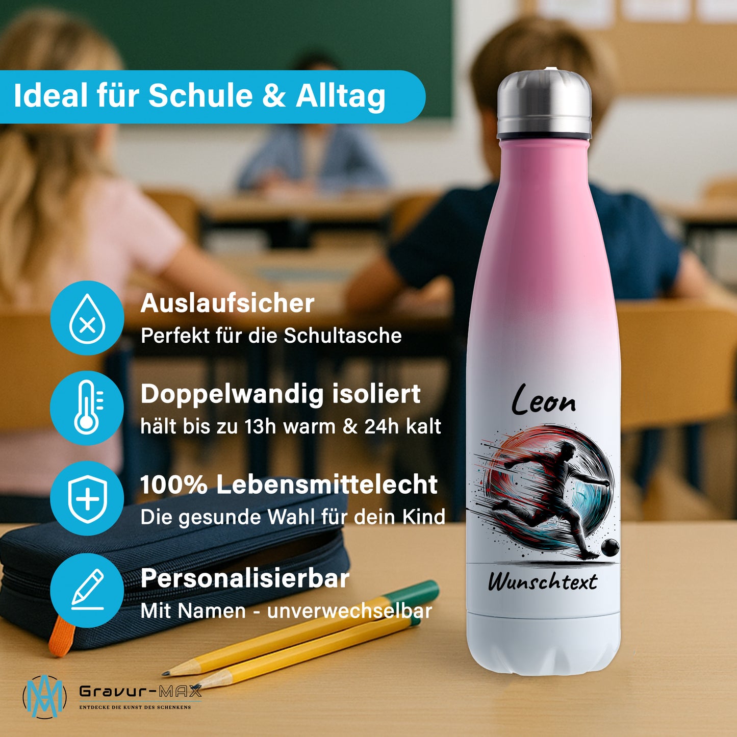 Thermoflasche 500ml in Weiß/Pink aus Edelstahl bedruckt "Fußball" Motiv3 personalisierbar mit Wunschname & Text
