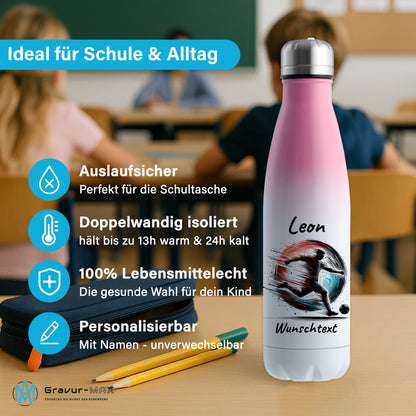 Thermoflasche 500ml in Weiß/Pink aus Edelstahl bedruckt "Fußball" Motiv3 personalisierbar mit Wunschname & Text