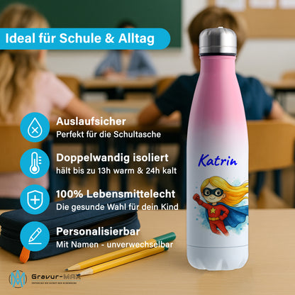 Thermoflasche 500ml in Weiß/Pink bedruckt mit tollen Motiven für Kinder "Superheldin" personalisierbar mit Wunschname