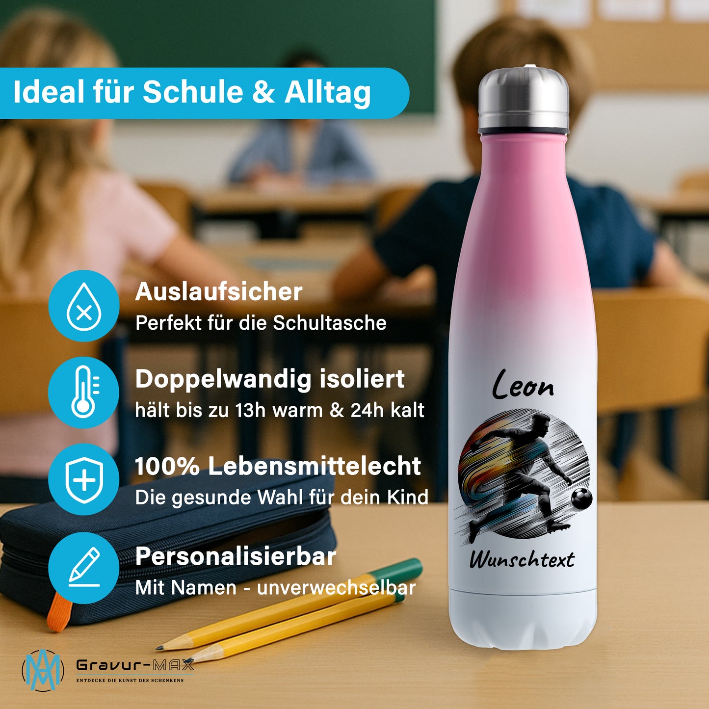 Thermoflasche 500ml in Weiß/Pink aus Edelstahl bedruckt "Fußball" Motiv2 personalisierbar mit Wunschname & Text