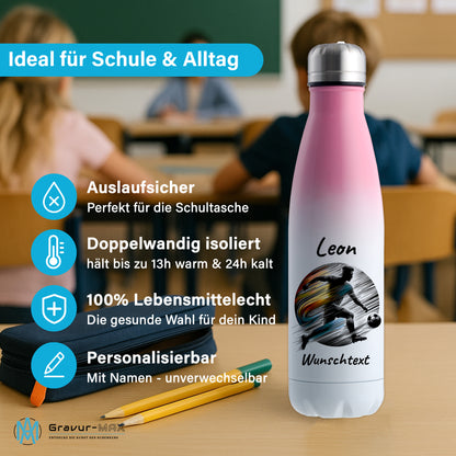 Thermoflasche 500ml in Weiß/Pink aus Edelstahl bedruckt "Fußball" Motiv2 personalisierbar mit Wunschname & Text