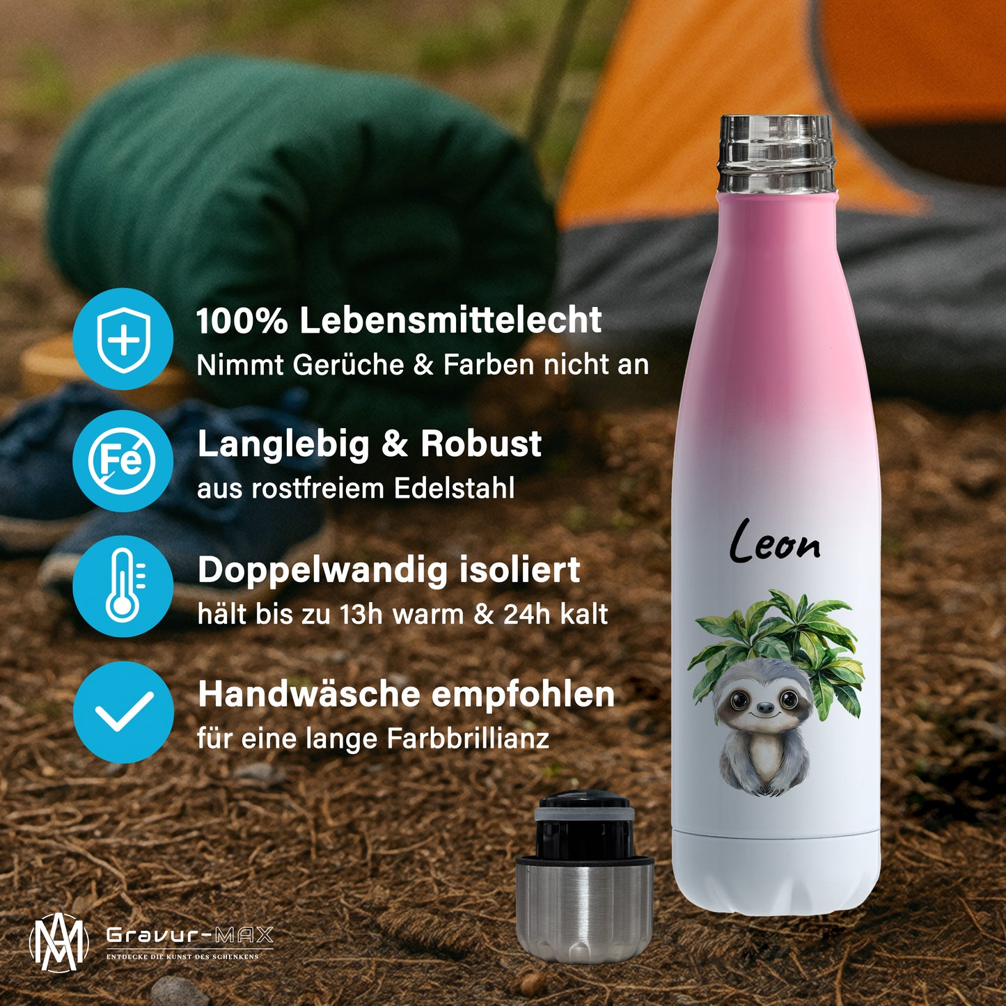 Trinkflasche mit Farbverlauf in Weiß/Pink 500ml aus Edelstahl bedruckt mit Dschungel Tieren"Faultier" personalisierbar für Kinder mit Wunschname