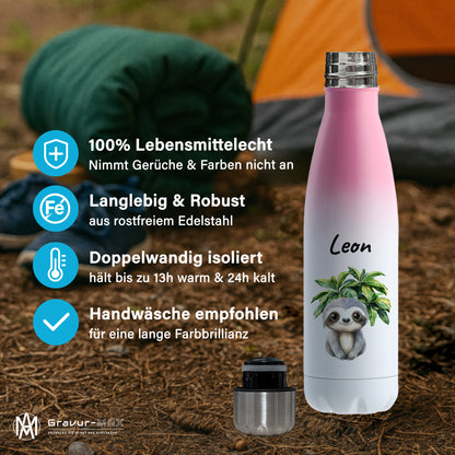 Trinkflasche mit Farbverlauf in Weiß/Pink 500ml aus Edelstahl bedruckt mit Dschungel Tieren"Faultier" personalisierbar für Kinder mit Wunschname