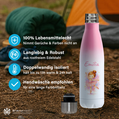Thermoflasche 500ml in Weiß/Pink bedruckt mit tollen Motiven für Kinder "Ballerina" personalisierbar mit Wunschname