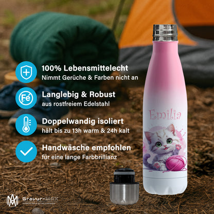 Trinkflasche in Weiß/Pink 500ml aus Edelstahl bedruckt mit niedlichen Tieren "Katze" personalisierbar für Kinder mit Wunschname