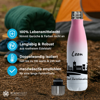 Trinkflasche in Weiß/Pink 500ml aus Edelstahl bedruckt mit der Skyline von Bad Zwischenahn personalisierbar mit Wunschname