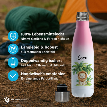 Trinkflasche mit Farbverlauf in Weiß/Pink 500ml aus Edelstahl bedruckt mit Dschungel Tieren"Löwe" personalisierbar für Kinder mit Wunschname