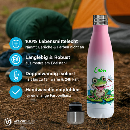 Trinkflasche in Weiß/Pink 500ml aus Edelstahl bedruckt mit niedlichen Tieren "Frosch" personalisierbar für Kinder mit Wunschname