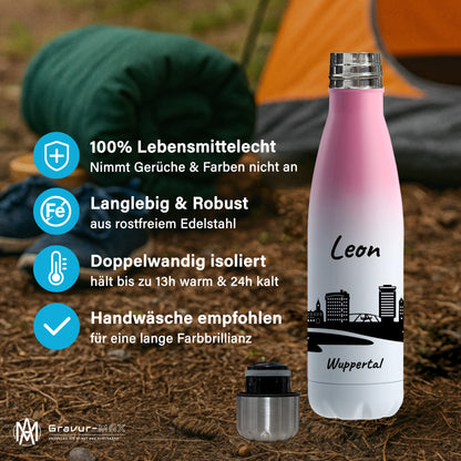 Trinkflasche in Weiß/Pink 500ml aus Edelstahl bedruckt mit der Skyline von Wuppertal personalisierbar mit Wunschname