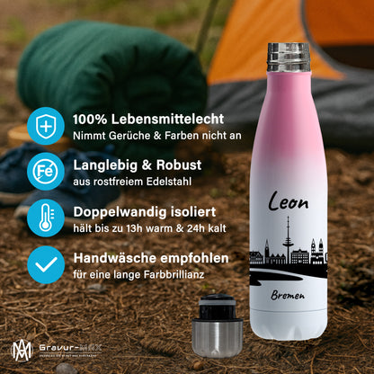 Trinkflasche in Weiß/Pink 500ml aus Edelstahl bedruckt mit der Skyline von Bremen personalisierbar mit Wunschname