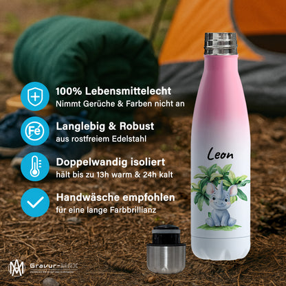 Trinkflasche mit Farbverlauf in Weiß/Pink 500ml aus Edelstahl bedruckt mit Dschungel Tieren"Nashorn" personalisierbar für Kinder mit Wunschname