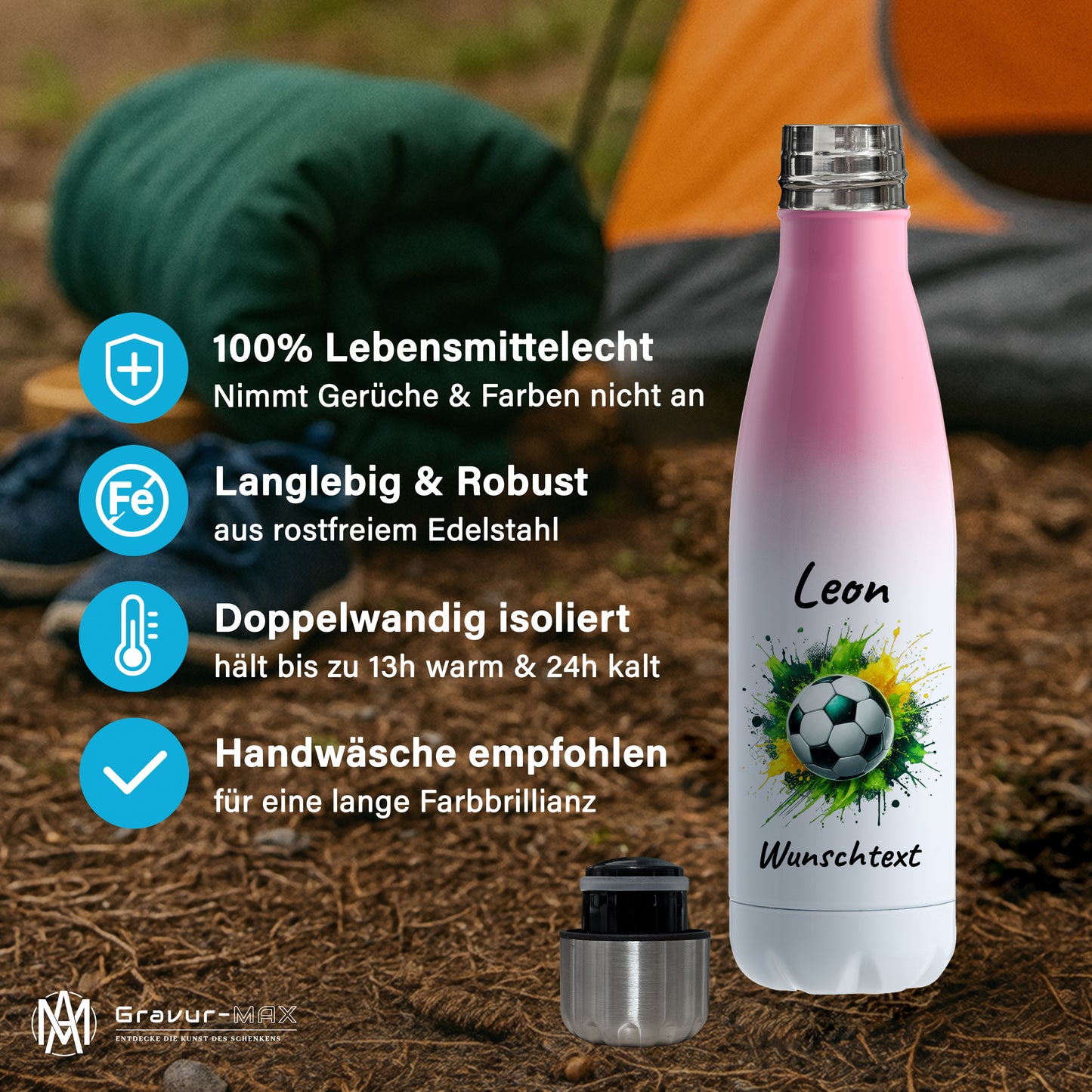 Thermoflasche 500ml in Weiß/Pink aus Edelstahl bedruckt "Fußball" Motiv11 personalisierbar mit Wunschname & Text