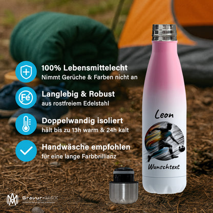 Thermoflasche 500ml in Weiß/Pink aus Edelstahl bedruckt "Fußball" Motiv2 personalisierbar mit Wunschname & Text